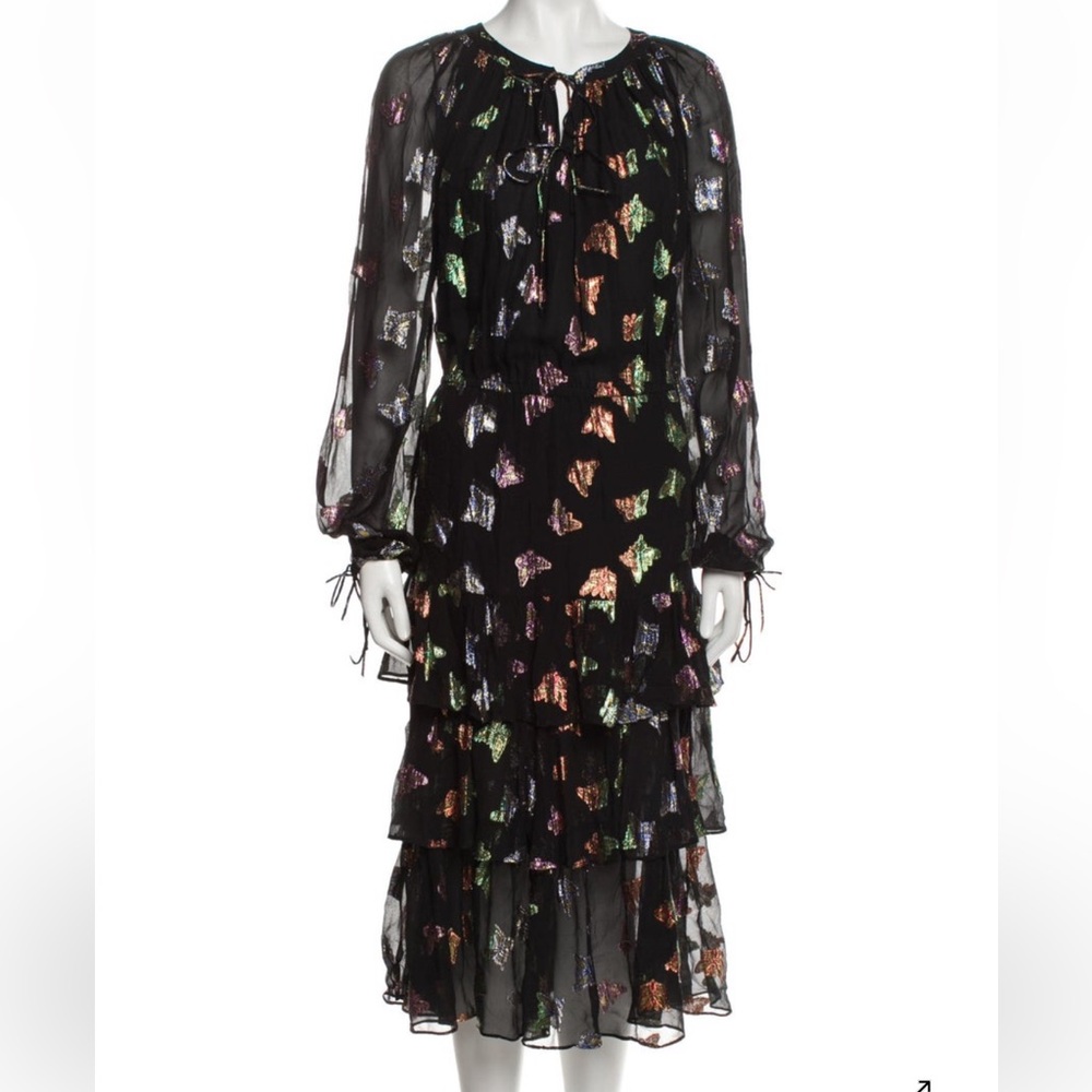 The Kooples Black Midi Dress with Multicolor Butterfly Print
